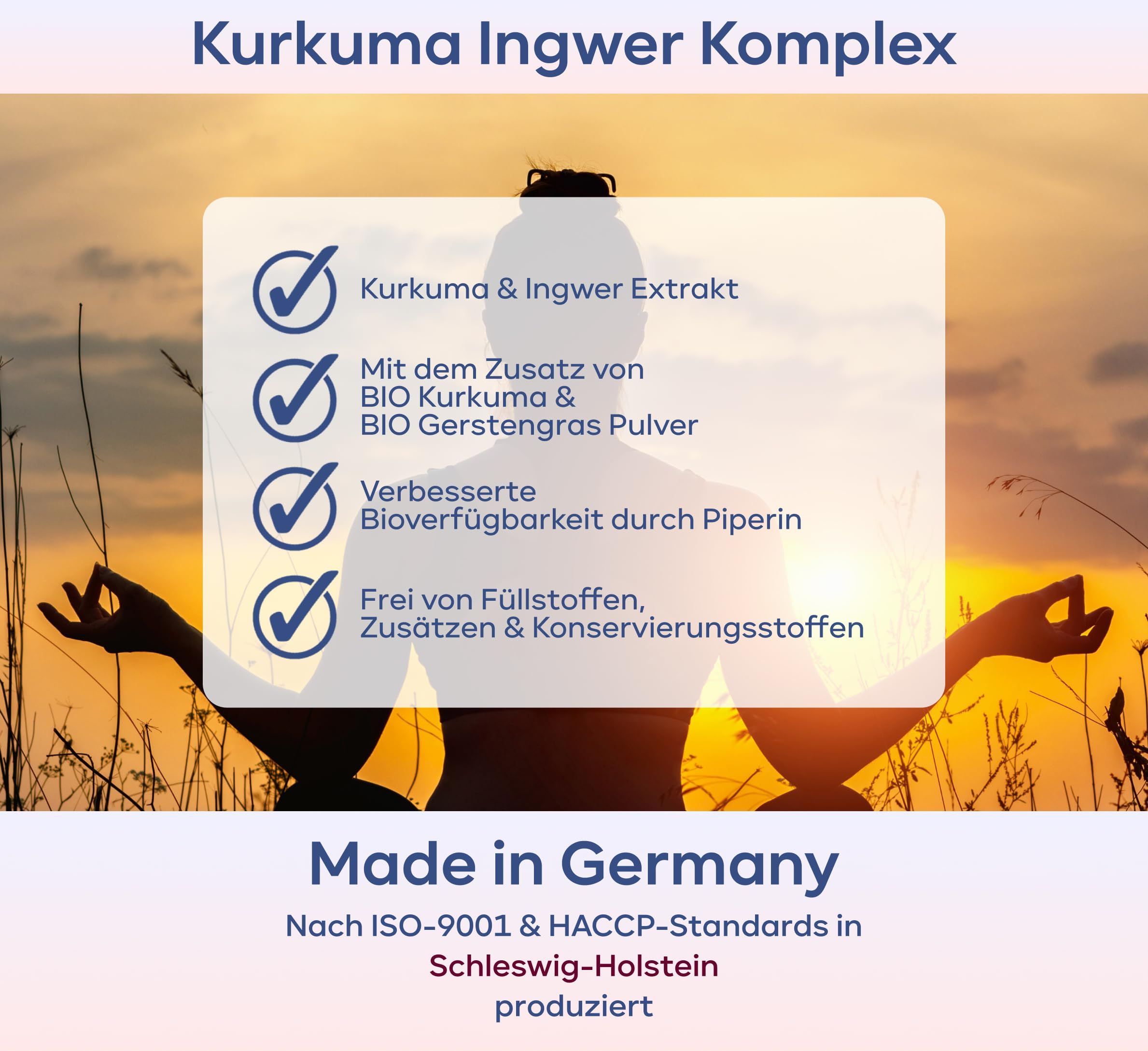 Grafik mit Kurkuma & Ingwer Extrakt, BIO Kurkuma & Gerstengras, verbesserte Bioverfügbarkeit, frei von Zusätzen. Made in Schleswig-Holstein.