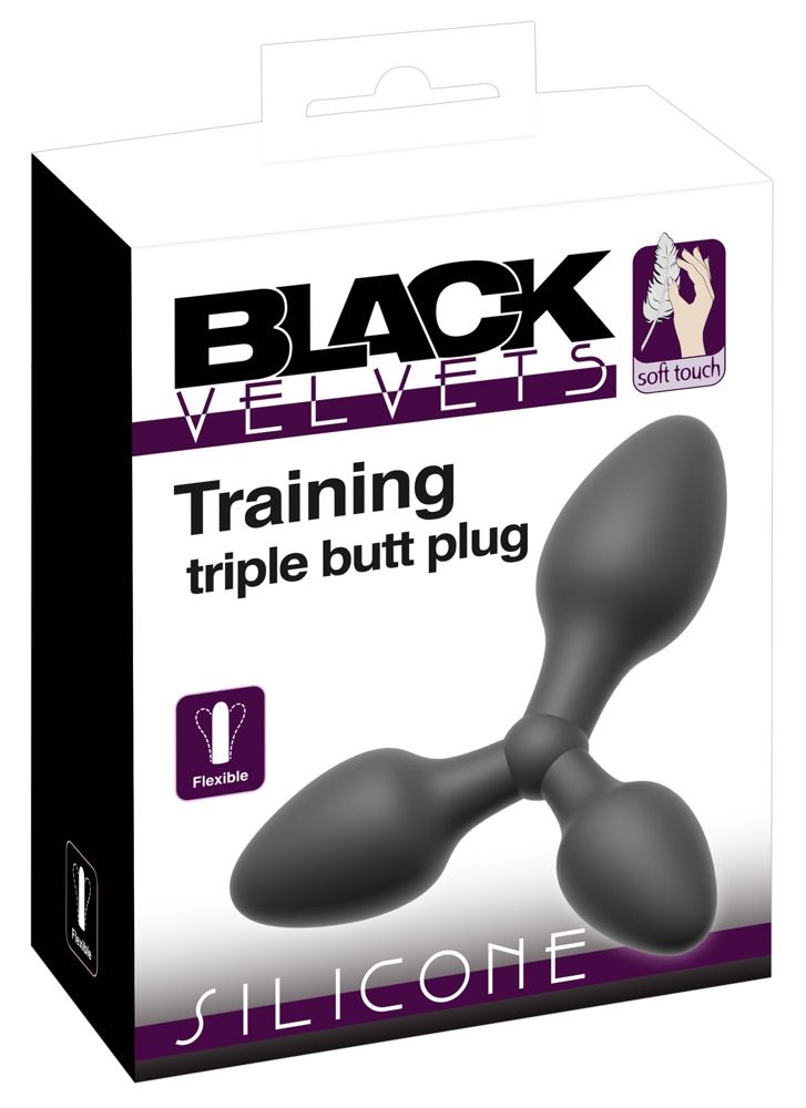 Verpackung für einen dreiteiligen Analplug. Produktname: Training triple butt plug. Material: Silikon. Marke: Black Velvets.