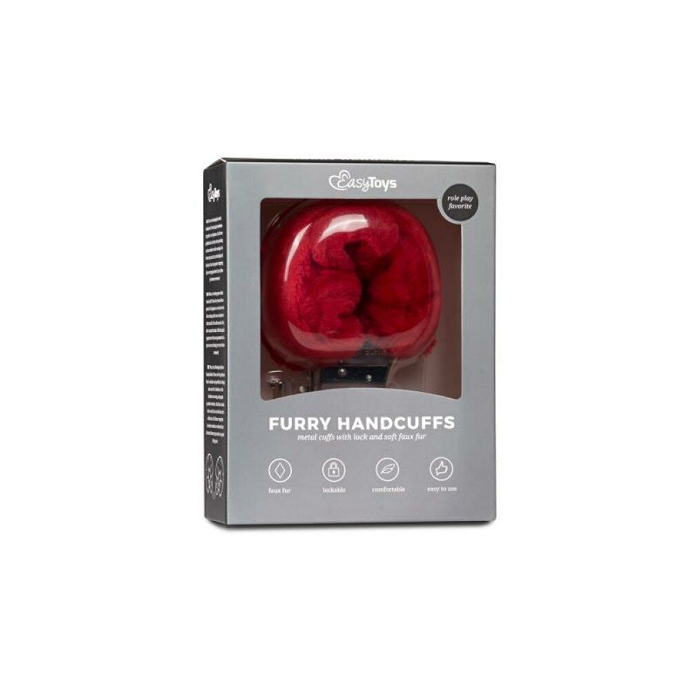 Verpackung mit roten, plüschigen Handschellen. Sichtfenster. Aufschrift: Furry Handcuffs. Marke: EasyToys.