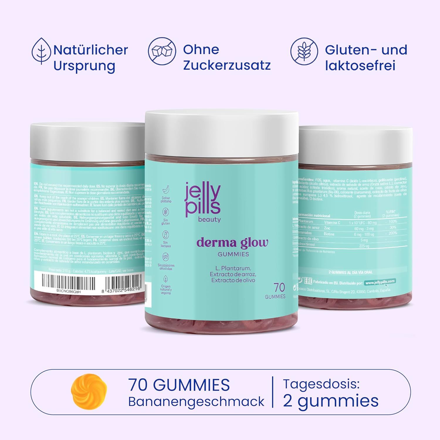 Drei Dosen "Jelly Pills Derma Glow Gummies". Aufschrift: 70 Gummies. Logos: Natürlicher Ursprung, ohne Zuckerzusatz, gluten- und laktosefrei.