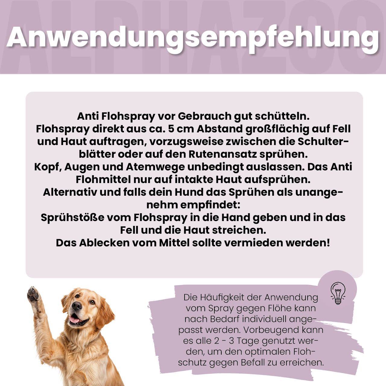 Anwendungsempfehlung. Text: Flohspray vor Gebrauch schütteln. Auf Fell auftragen. Augen und Atemwege aussparen.