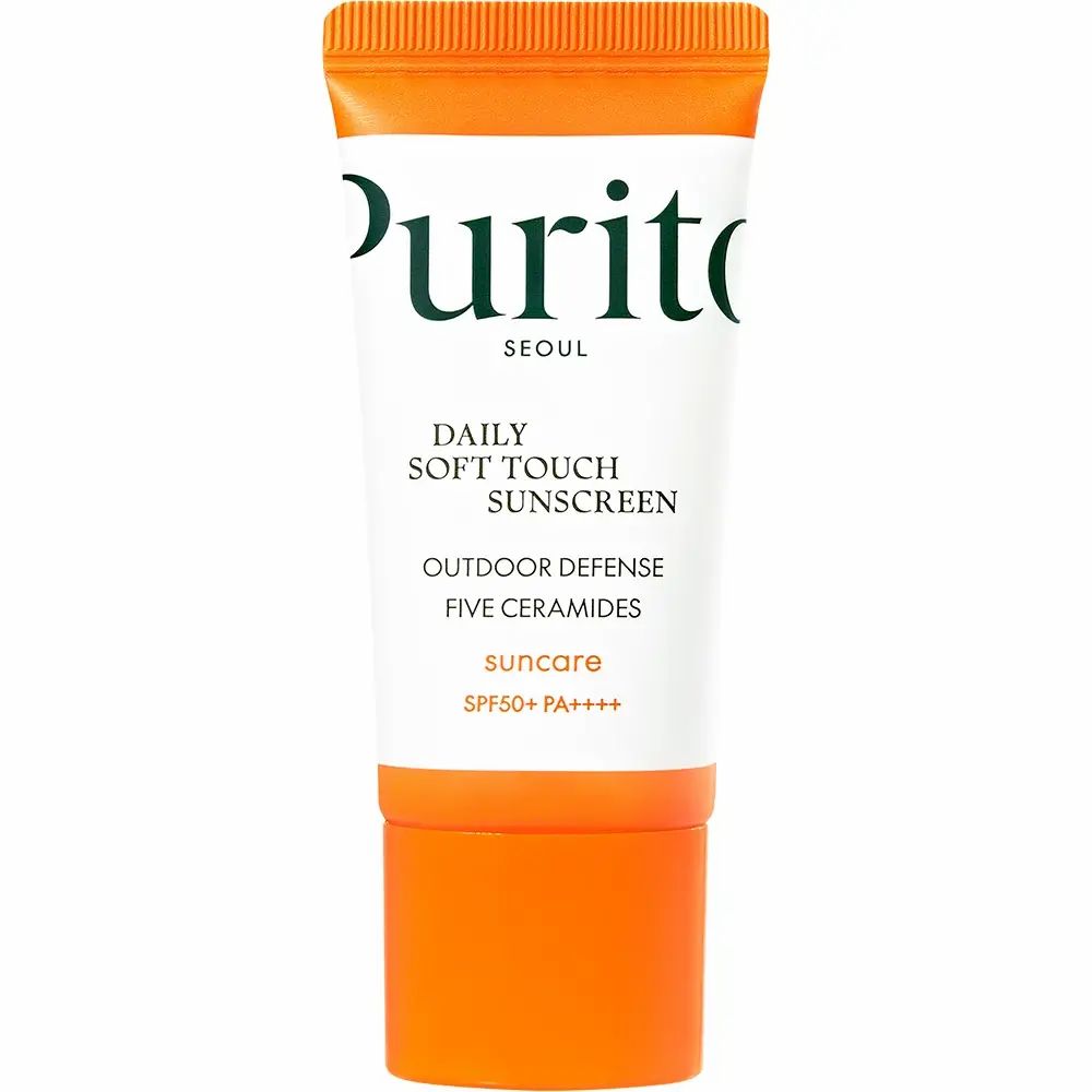 Weiße Tube mit orangefarbenem Deckel. Aufschrift: PURITO, DAILY SOFT TOUCH SUNSCREEN, SPF50+ PA++++.