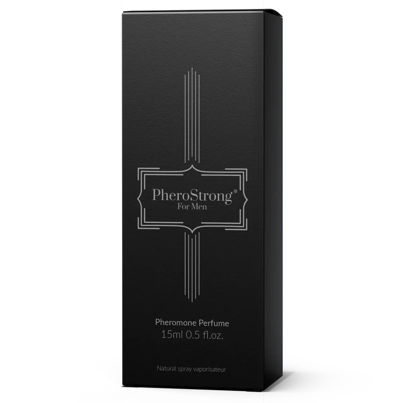 PheroStrong Pheromon Parfüm für Männer, schwarze Umverpackung mit silbernem Logo und Produktinformationen.