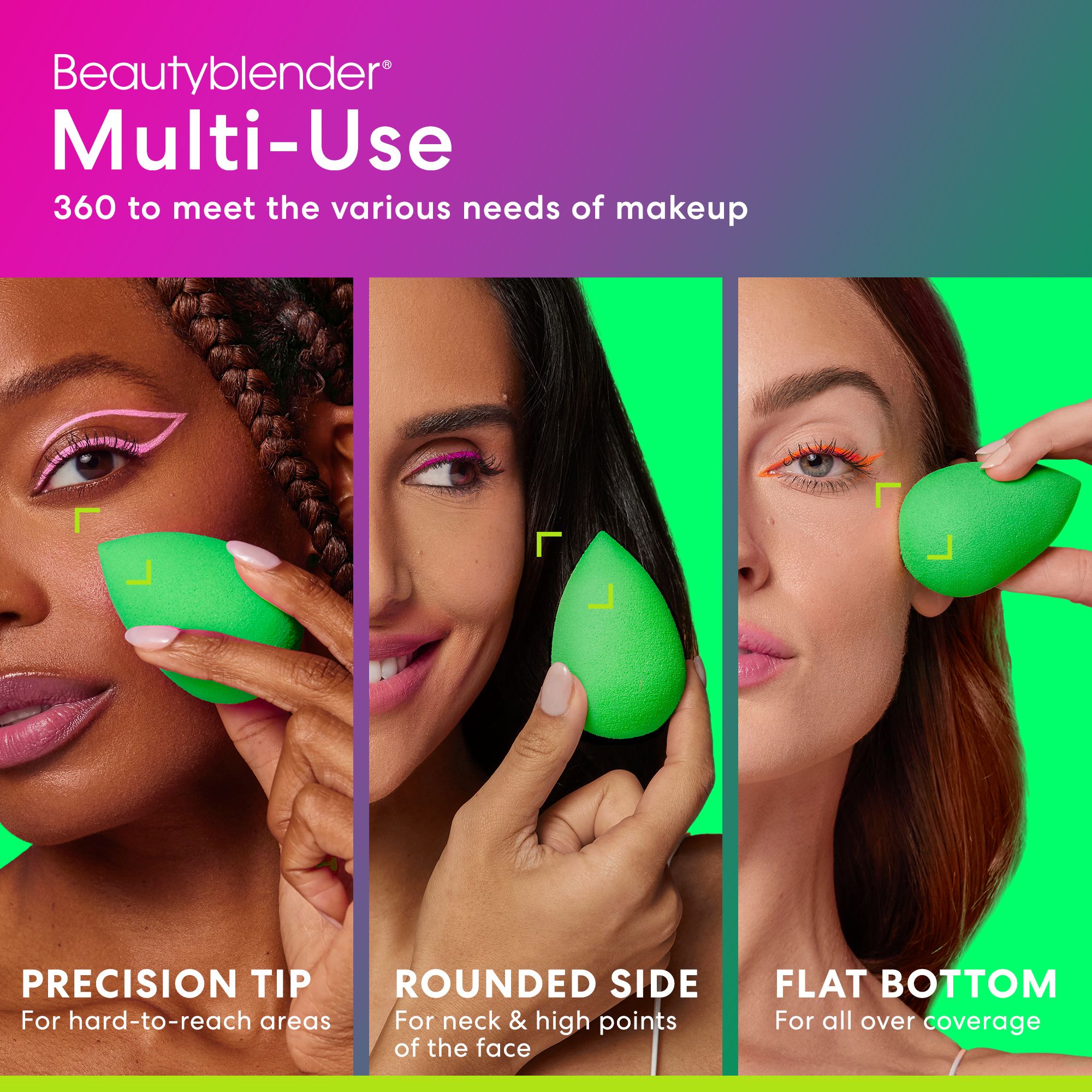 Drei Personen halten grüne, tropfenförmige Schwämme. Text: Beautyblender Multi-Use. Präzise Spitze, abgerundete Seite, flacher Boden.