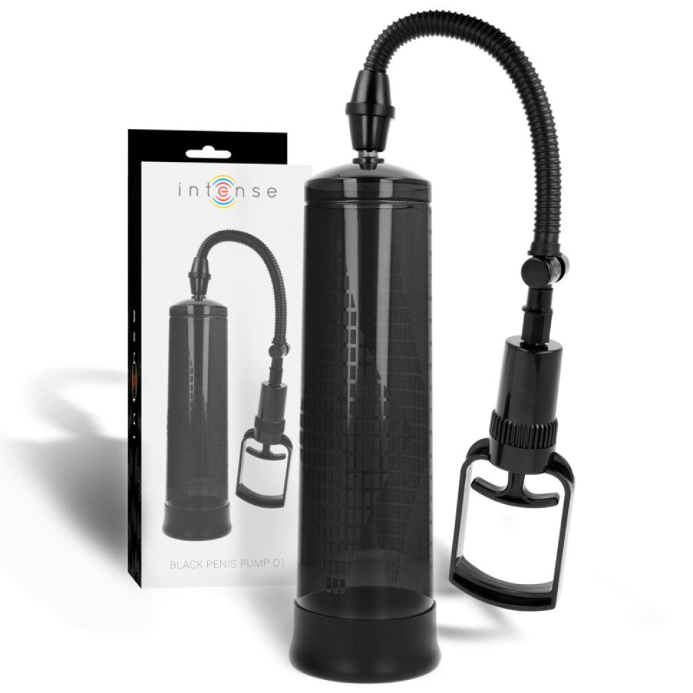 Schwarze Pumpe mit Schlauch und Griff. Produktverpackung mit Logo und Produktbezeichnung.