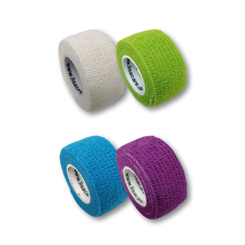 Vier Rollen Fingerpflaster. Weiß, grün, blau und lila. Produkt mit Logo.