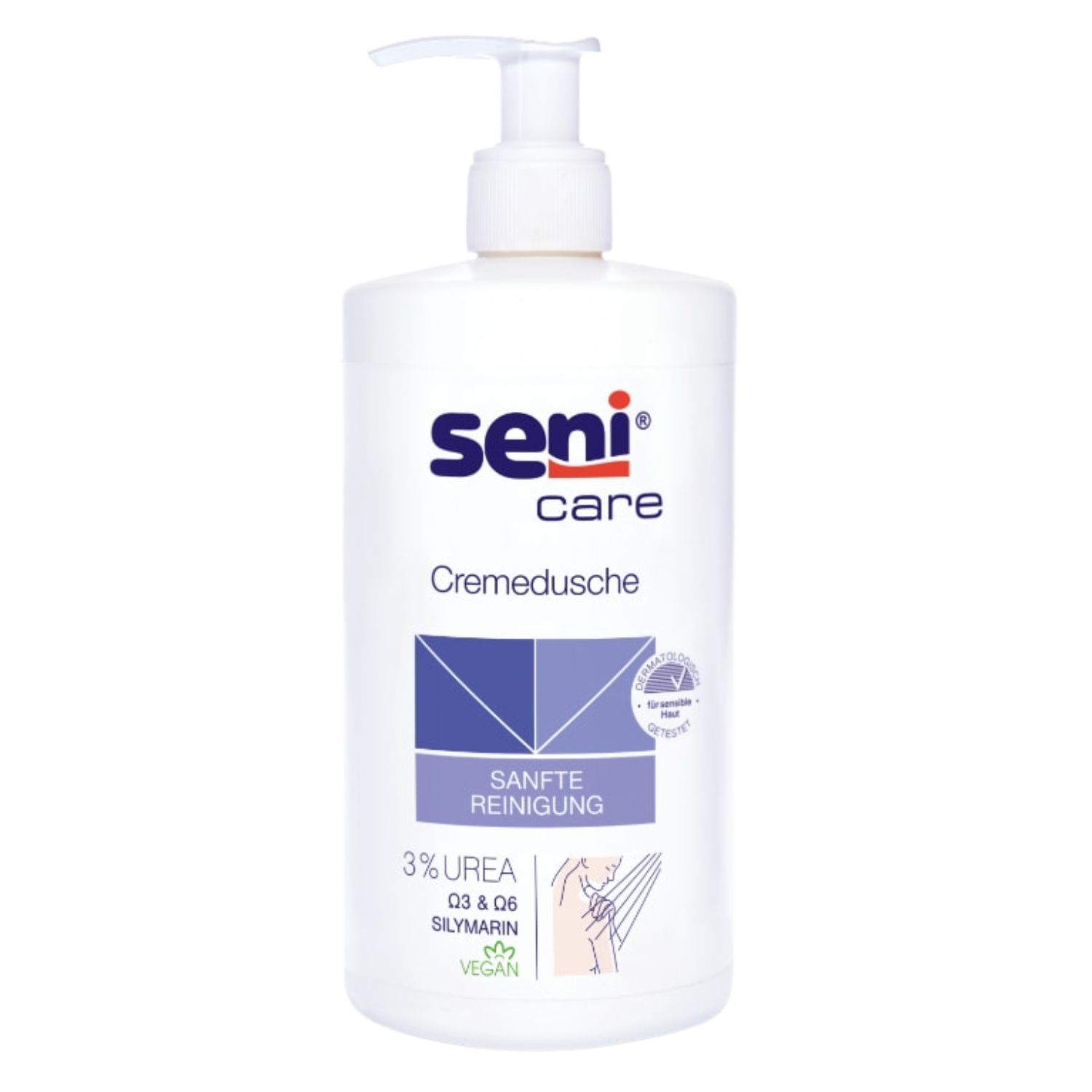 Weißer Spender mit Pumpkopf. Aufschrift: Seni Care Cremedusche, 3% Urea, sanfte Reinigung. Vegan-Siegel.