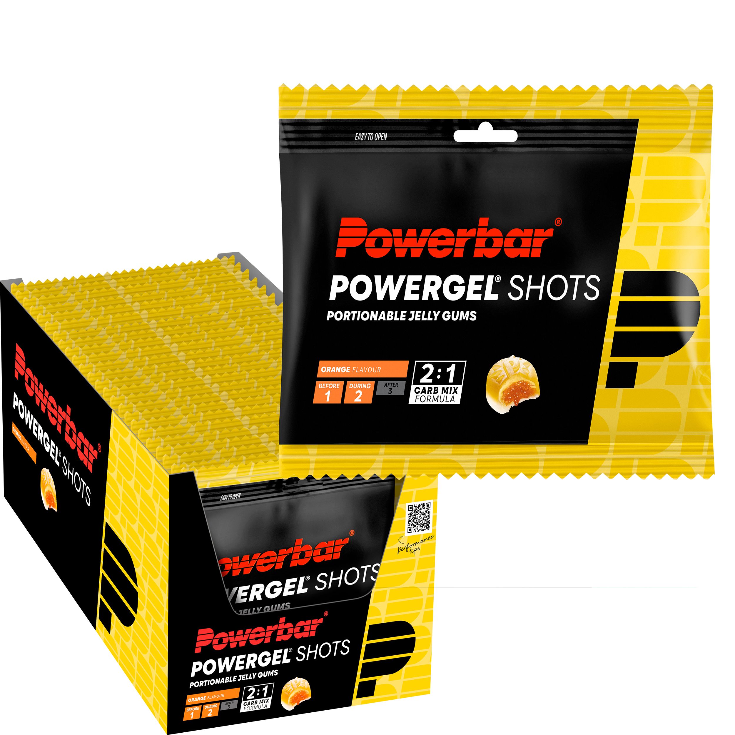 Powerbar Powergel Shots-Verpackungen in einer Box. Einzelne Verpackung mit Produktnamen und Geschmacksangabe Orange. Gelee-Gummis sind abgebildet.