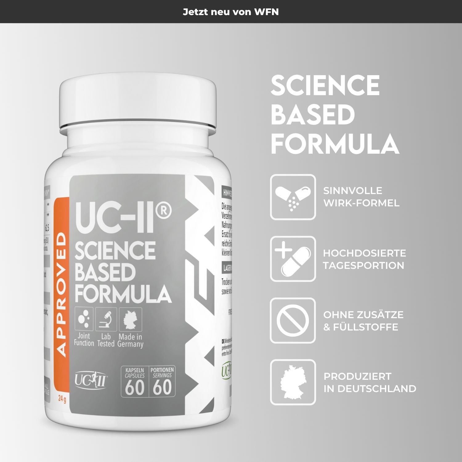 Weiße Flasche mit Kapseln. Aufschrift: UC-II, Science Based Formula, Approved. 60 Kapseln. Text: Sinnvolle Wirk-Formel.