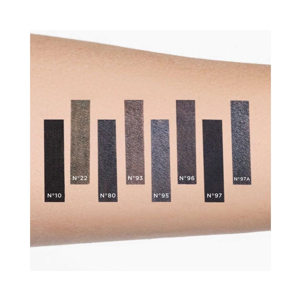 Arm mit Farbmustern von Eyeliner-Stiften. Die Farben sind schwarz, grau, braun, blau und grau.