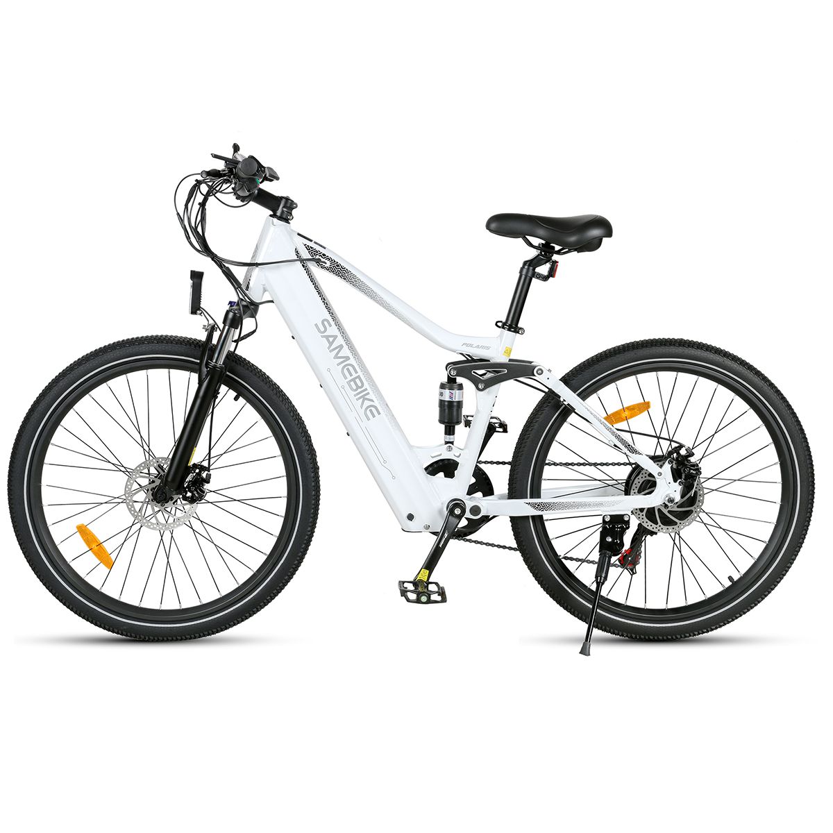 Weißes Elektrofahrrad Samebike XD26-II. Schwarze Reifen, Sattel und Lenker. Federung und Scheibenbremsen.