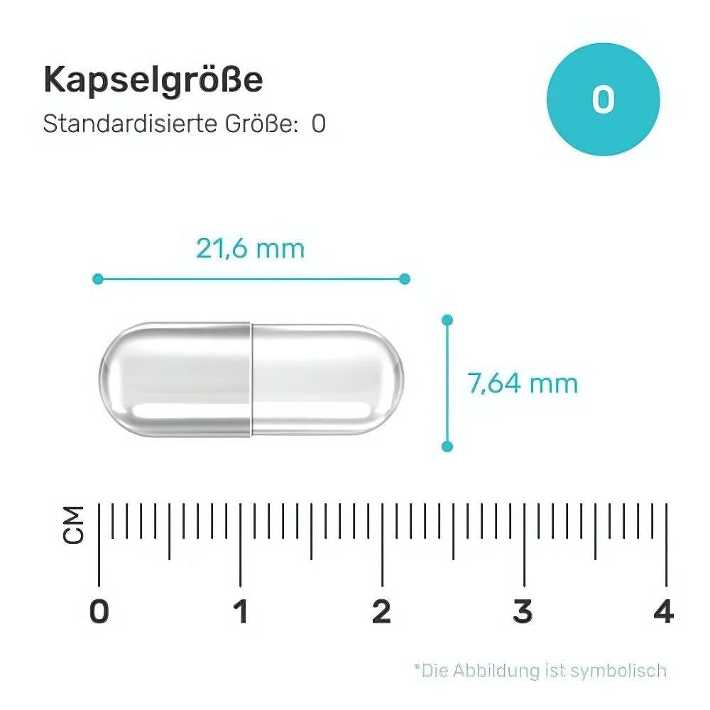 Kapsel mit Maßangaben: 21,6 mm lang, 7,64 mm Durchmesser. Skala in cm. Text: Kapselgröße. Standardisierte Größe: 0. Abbildung symbolisch.