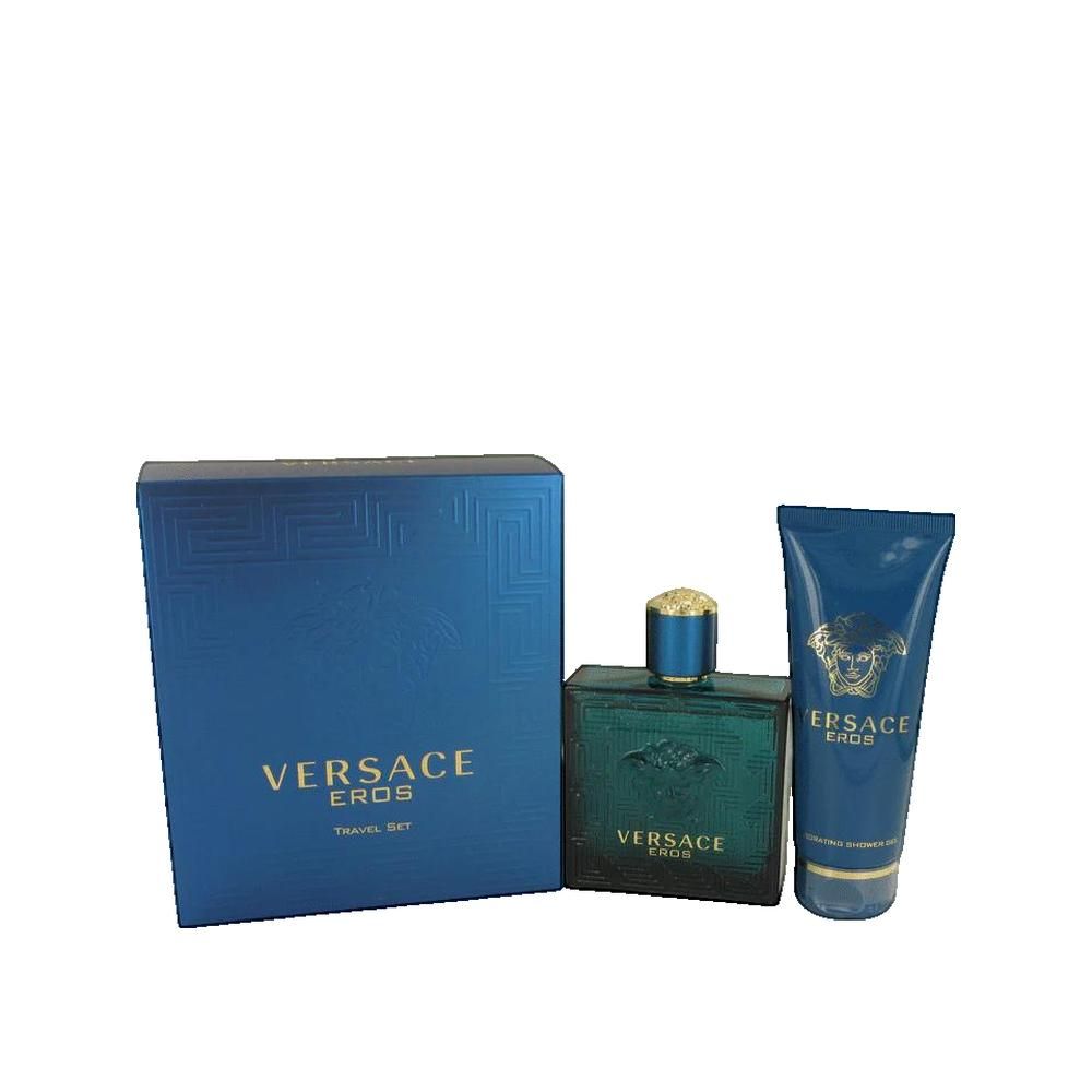 Blaues Set mit Box, Flakon und Tube. Box mit goldener Schrift: VERSACE EROS. Flakon grün, Tube blau. Goldene Details.