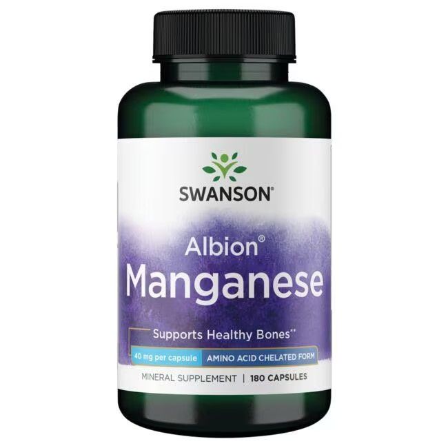 Grüne Flasche mit weißem Etikett. Aufschrift: SWANSON Albion Mangan 40 mg. 180 Kapseln. Mineralstoffpräparat.