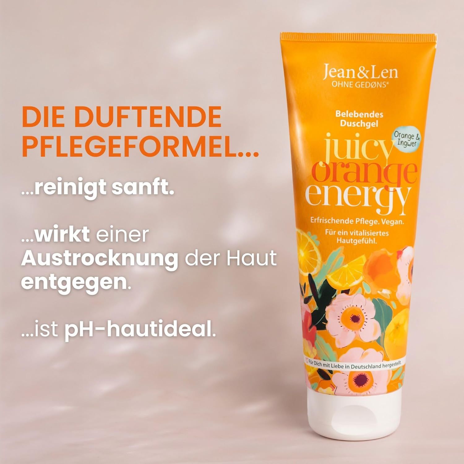 Orangefarbene Tube mit Produktnamen. Text: Die duftende Pflegeformel...reinigt sanft...wirkt Austrocknung entgegen...ist pH-hautideal.