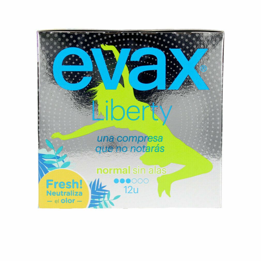 Verpackung von Evax Liberty Normal Binden. Aufschrift: Evax Liberty, eine grüne Figur, 'normal sin alas', '12u', 'Fresh!'.
