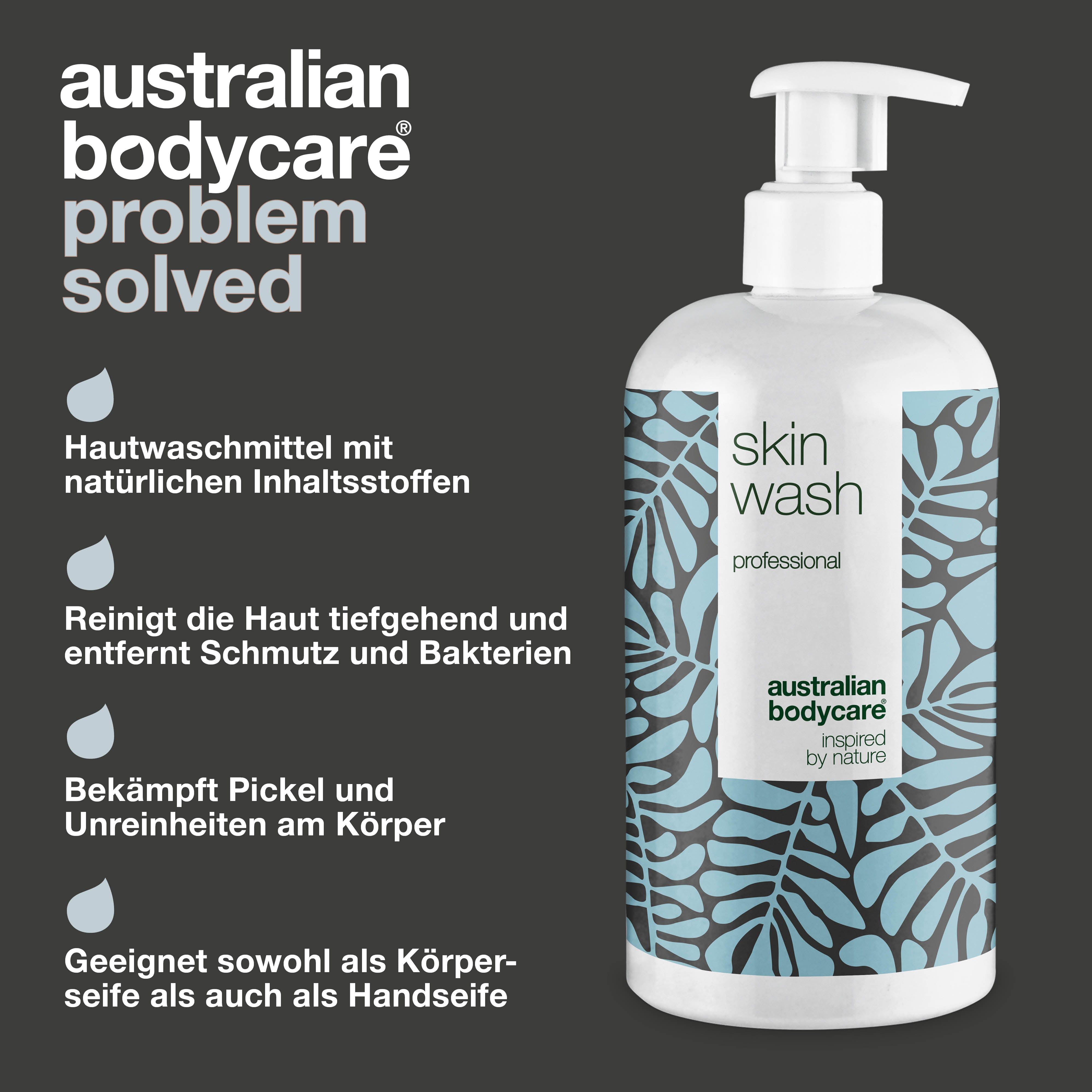 Flasche: Skin Wash professional, Australian Bodycare. Text: Hautwaschmittel mit natürlichen Inhaltsstoffen. Problem solved.
