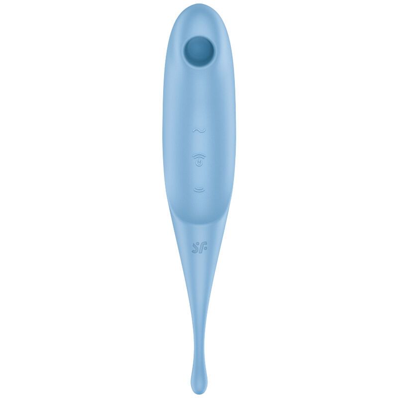 Hellblauer Stimulator, von vorne gezeigt. Oval mit einer schmalen Spitze und drei kleinen Punkten auf der Oberfläche.