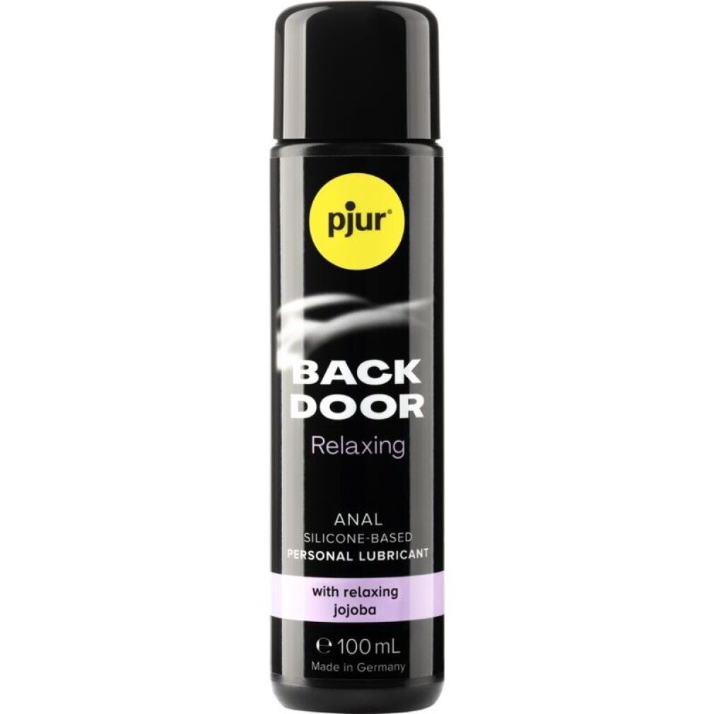 Schwarze Flasche mit gelbem Logo. Aufschrift: BACK DOOR Relaxing, ANAL, SILICONE-BASED, PERSONAL LUBRICANT. Mit Jojoba.
