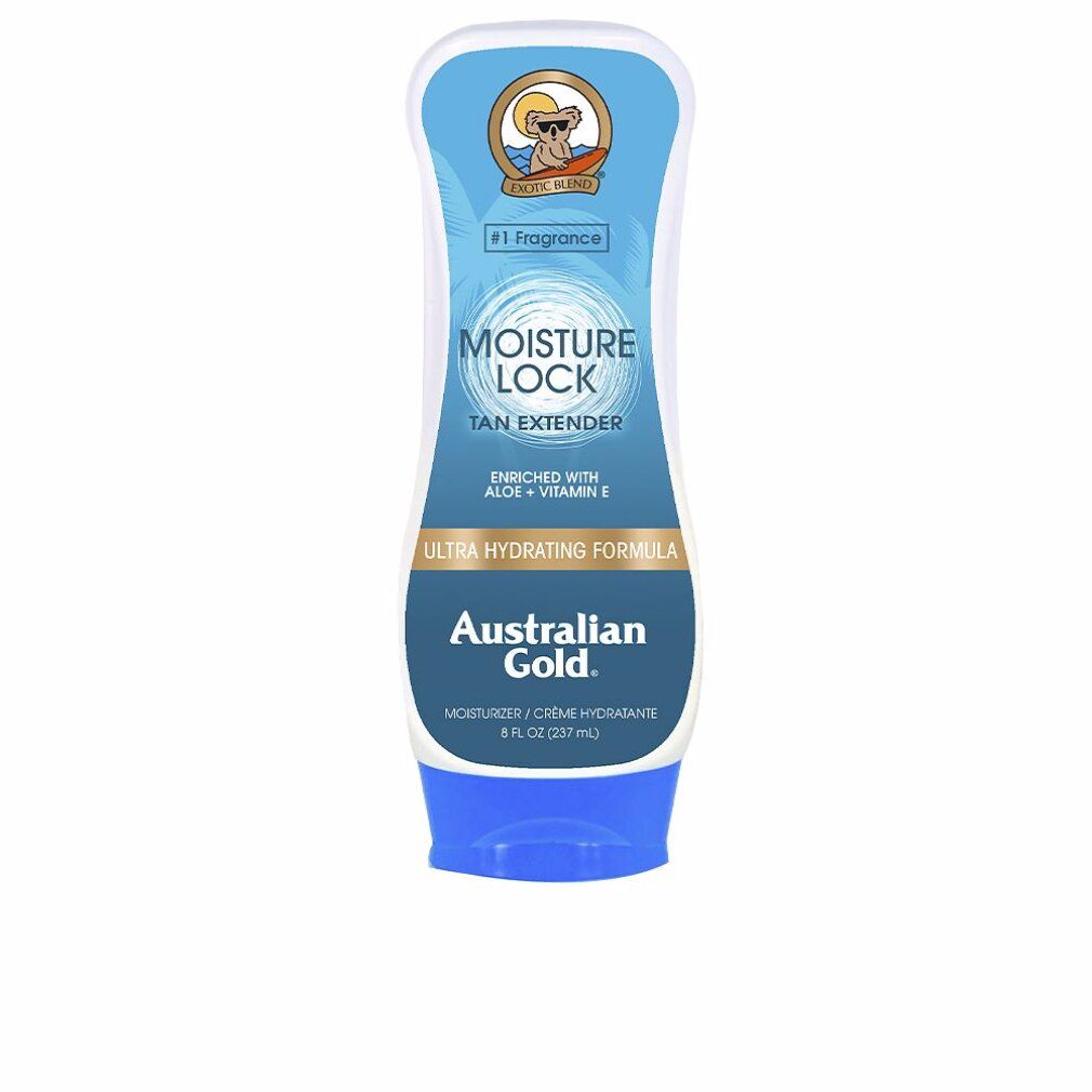 Weiß-blaue Tube mit Produktnamen und Logo. Text: Moisture Lock, Tan Extender, Australian Gold. Mit Aloe und Vitamin E.