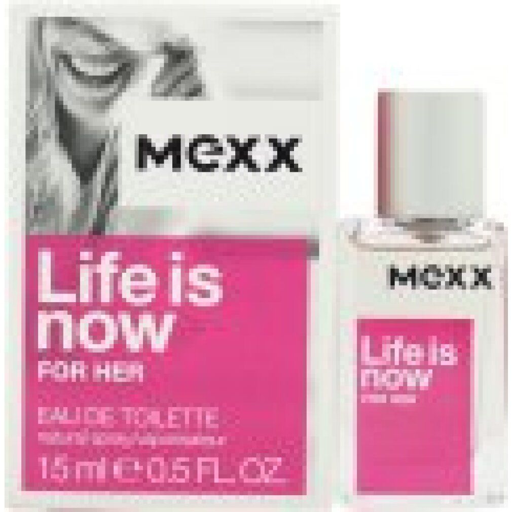 Mexx Life is Now Eau de Toilette Spray für Damen, 15ml Flakon und Verpackung.