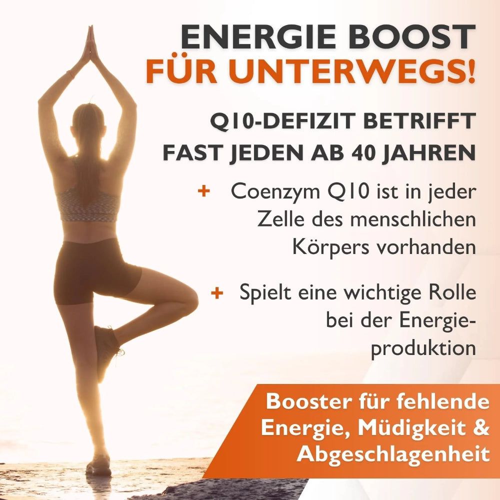 Silhouette einer Frau in Yoga-Pose. Text: Energie-Boost für unterwegs! Q10-Defizit betrifft fast jeden ab 40 Jahren.