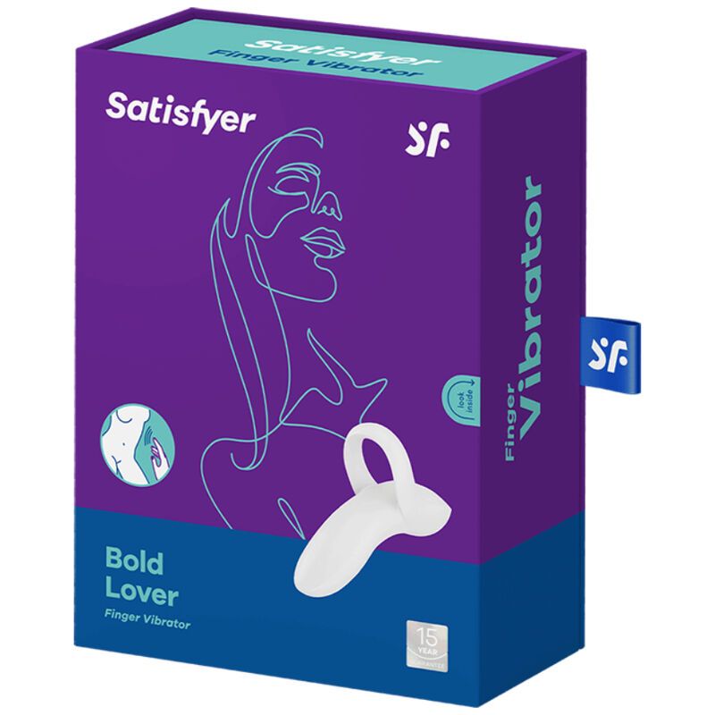 Verkaufsverpackung des Satisfyer Bold Lover Fingervibrators. Lila und blaue Box mit Produktabbildung und Markenschriftzug.
