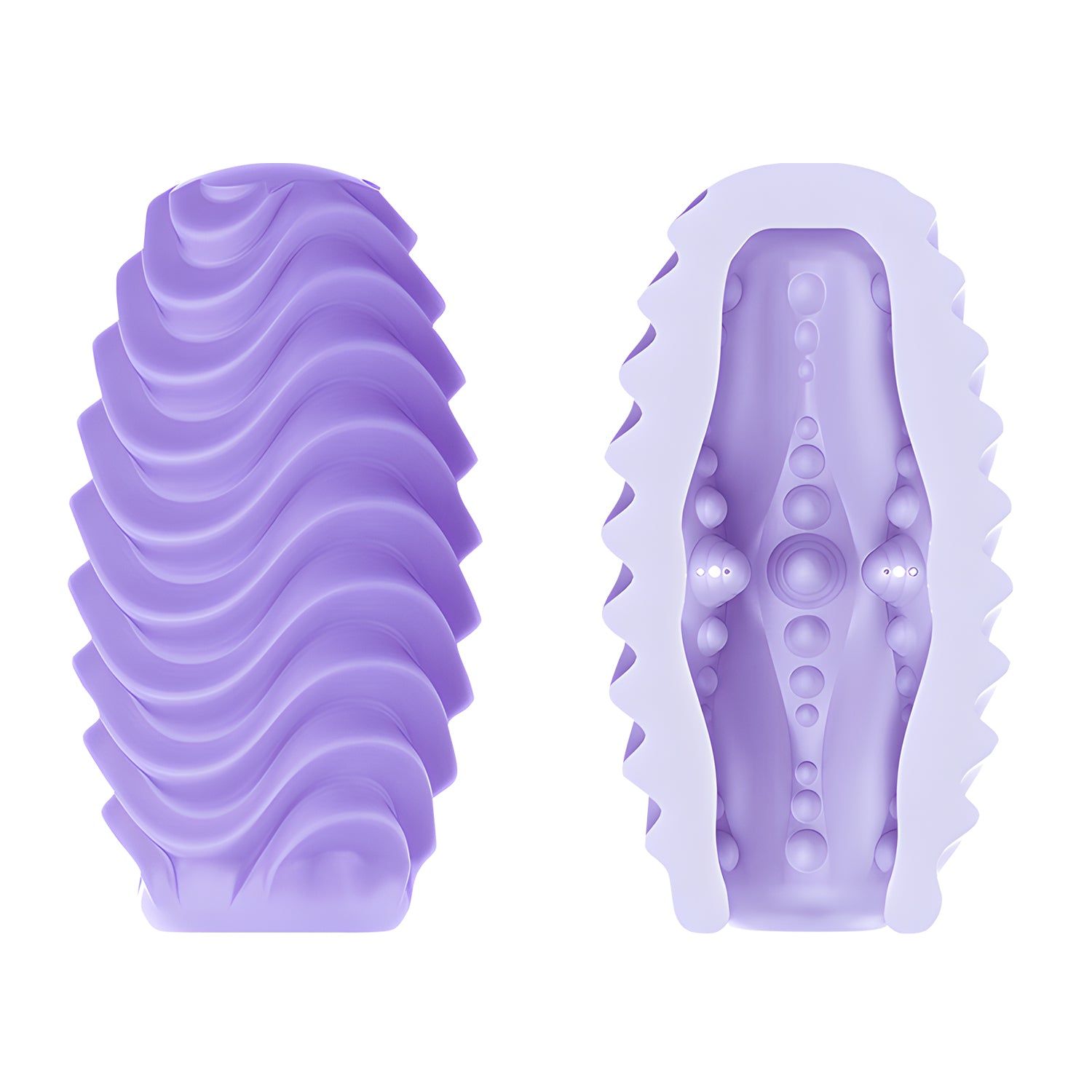 Zweigeteiltes, lila Produkt in Eiform. Eine Seite mit Wellen, die andere mit innerer Struktur. Für intime Zwecke.