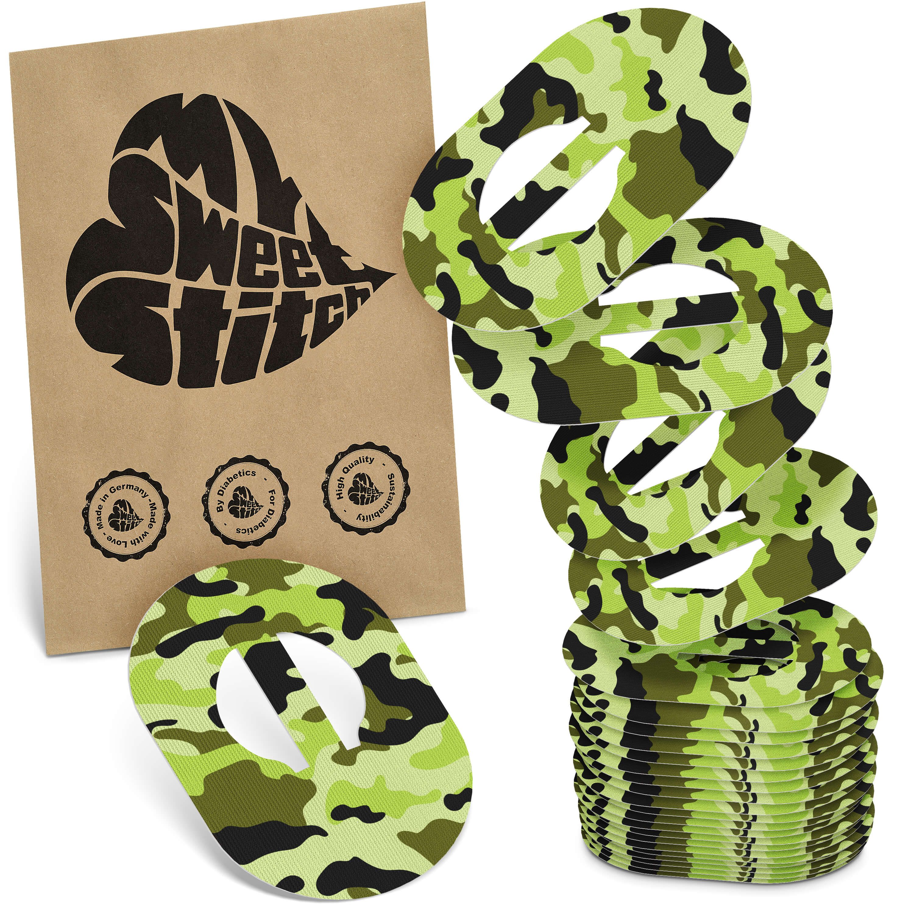 Verpackung mit Aufdruck 'MySweetStitch'. Mehrere grüne Tarnmuster-Overpatches. Siegel mit Text. Einzelner Overpatch.