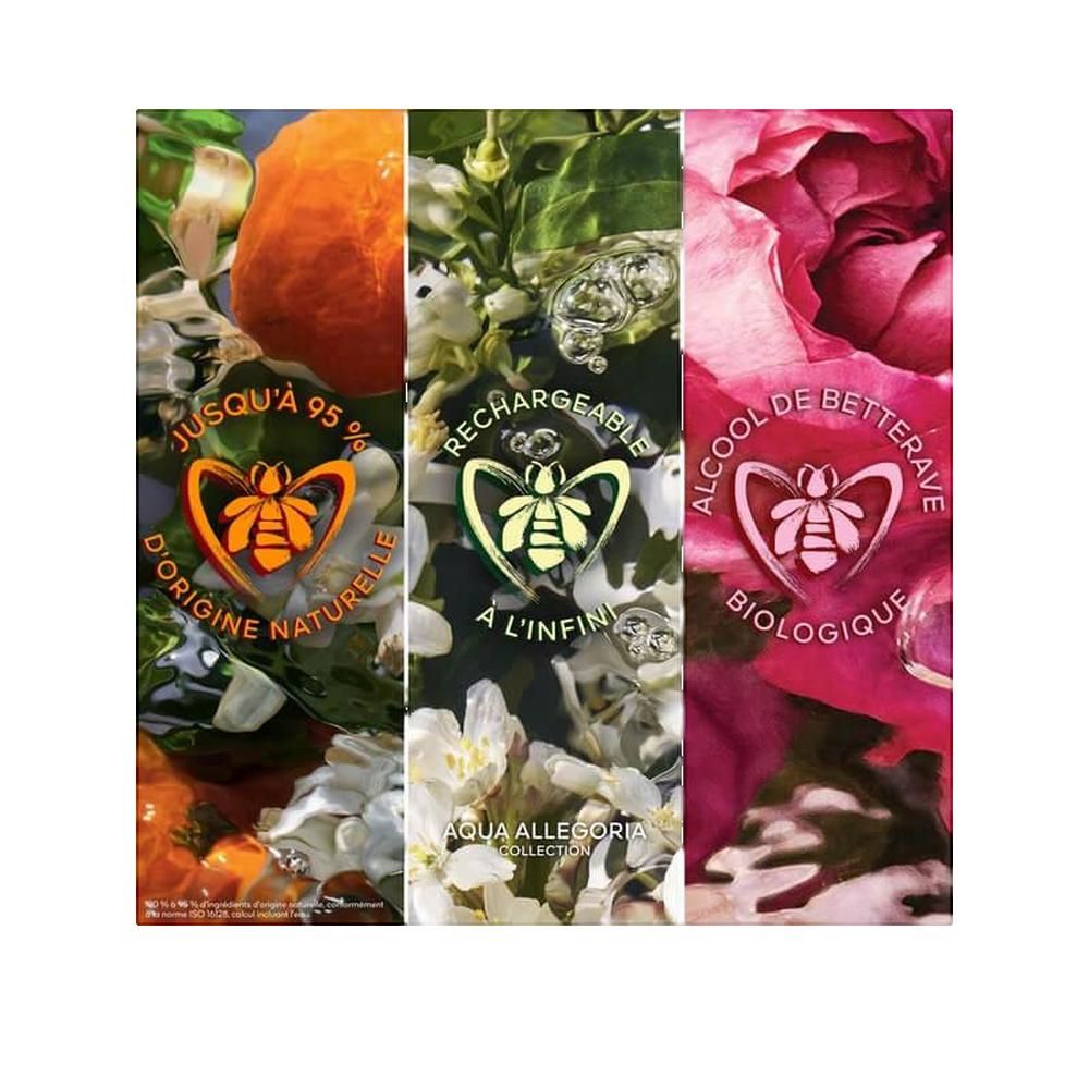 Drei vertikale Abschnitte mit Text und Bienen-Logo. Orange, weiße Blüten, rosa Rosen. AQUA ALLEGORIA COLLECTION.