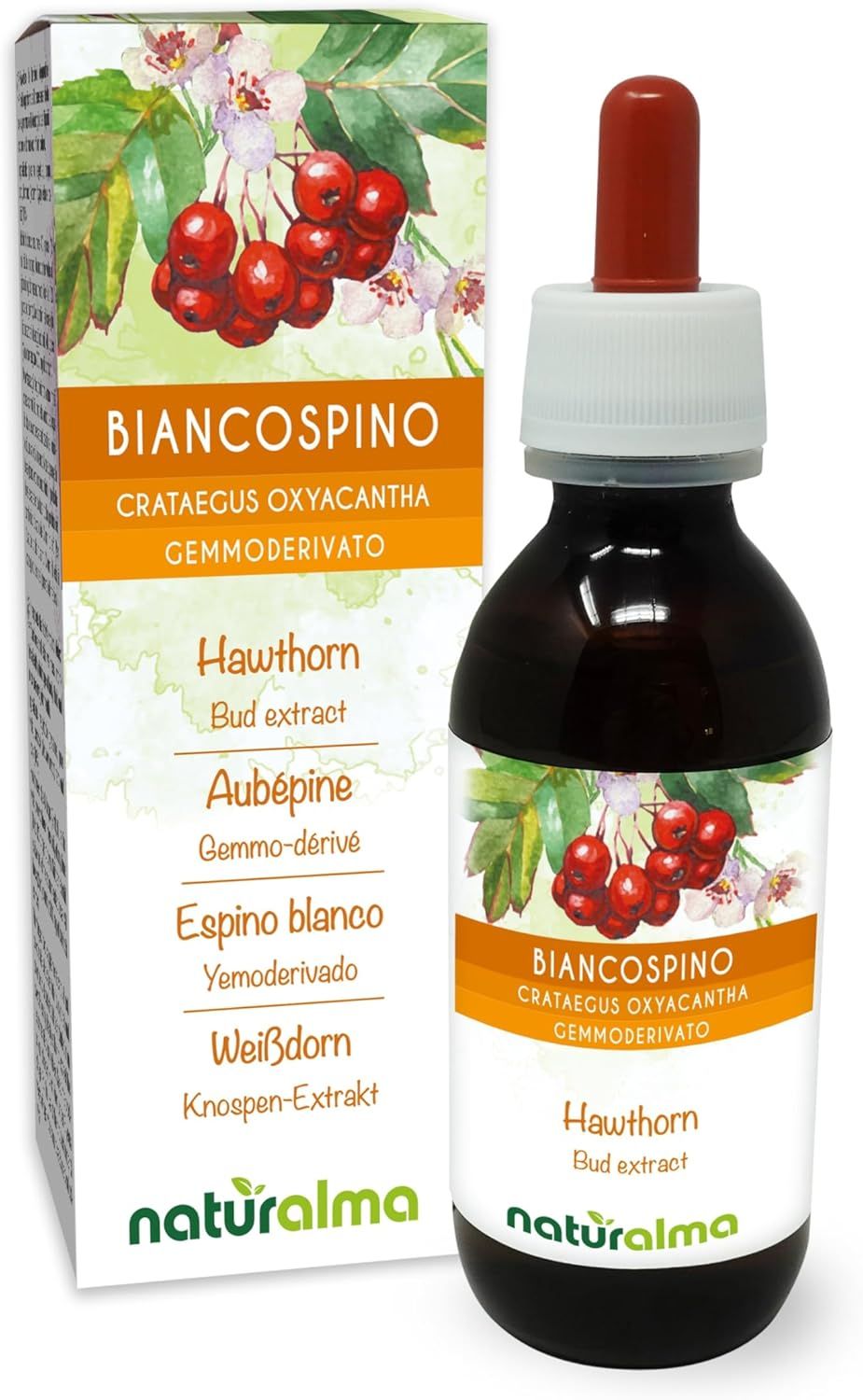 Produktflasche und Verpackung. Aufschrift: Weißdorn Crataegus oxyacantha. Mehrsprachige Texte. Braune Pipette.