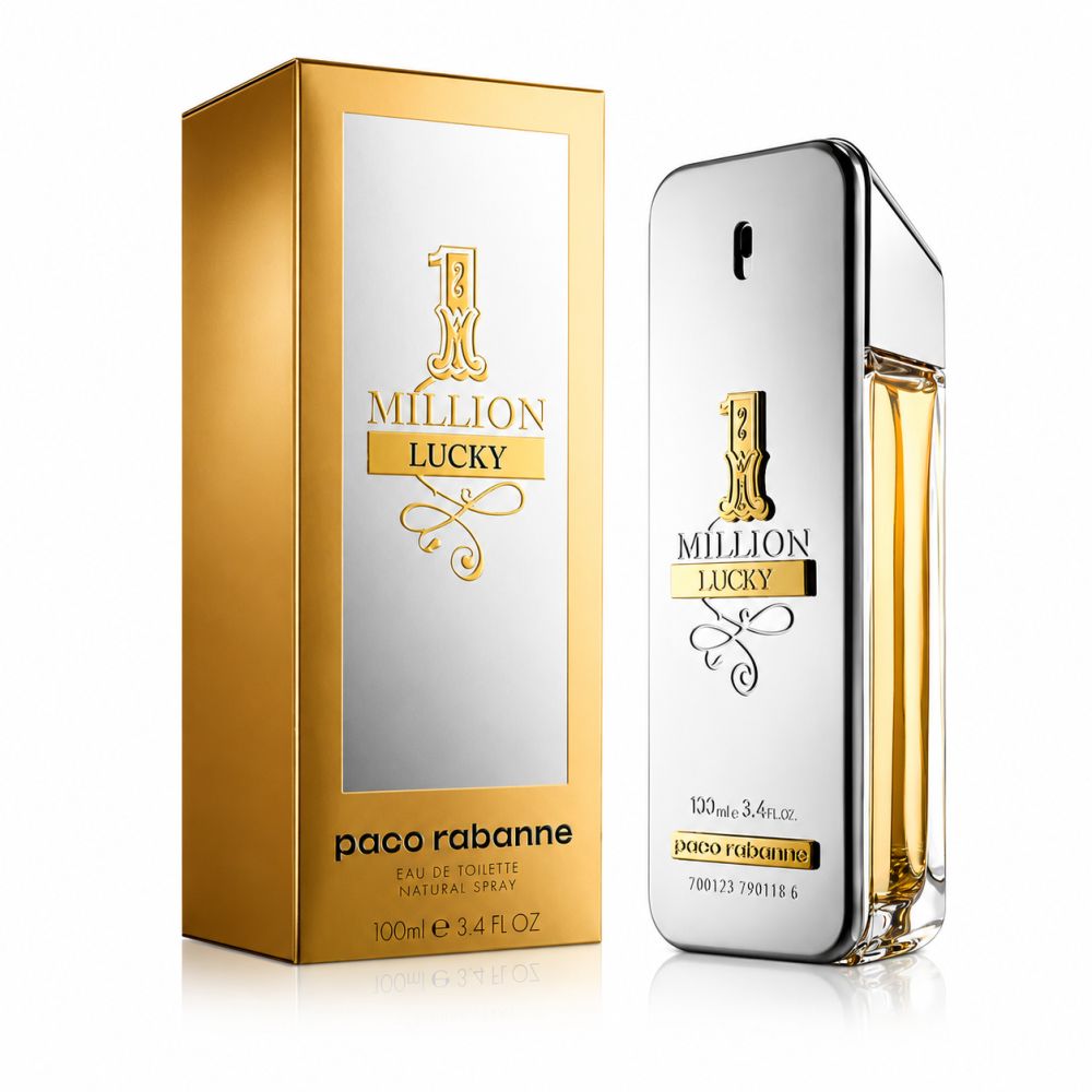 Paco Rabanne 1 Million Lucky Eau de Toilette Flakon und Karton. Goldene und silberne Verpackung mit der Aufschrift '1 Million Lucky'.