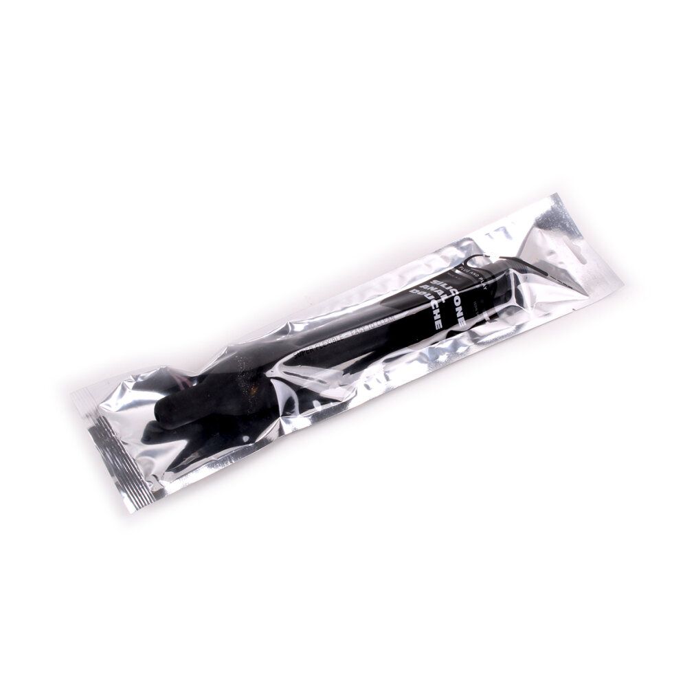 Analsonde in silberner Folienverpackung. Die Sonde ist schwarz und hat eine birnenförmige Spitze und einen langen Schaft.