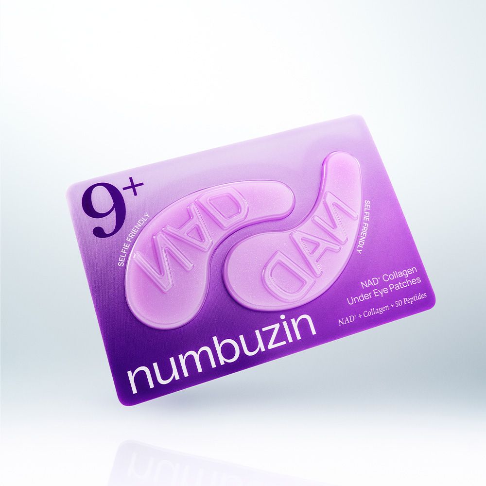 Numbuzin No.9 NAD+ Collagen Under Eye Patches, lila, auf lila Unterlage.