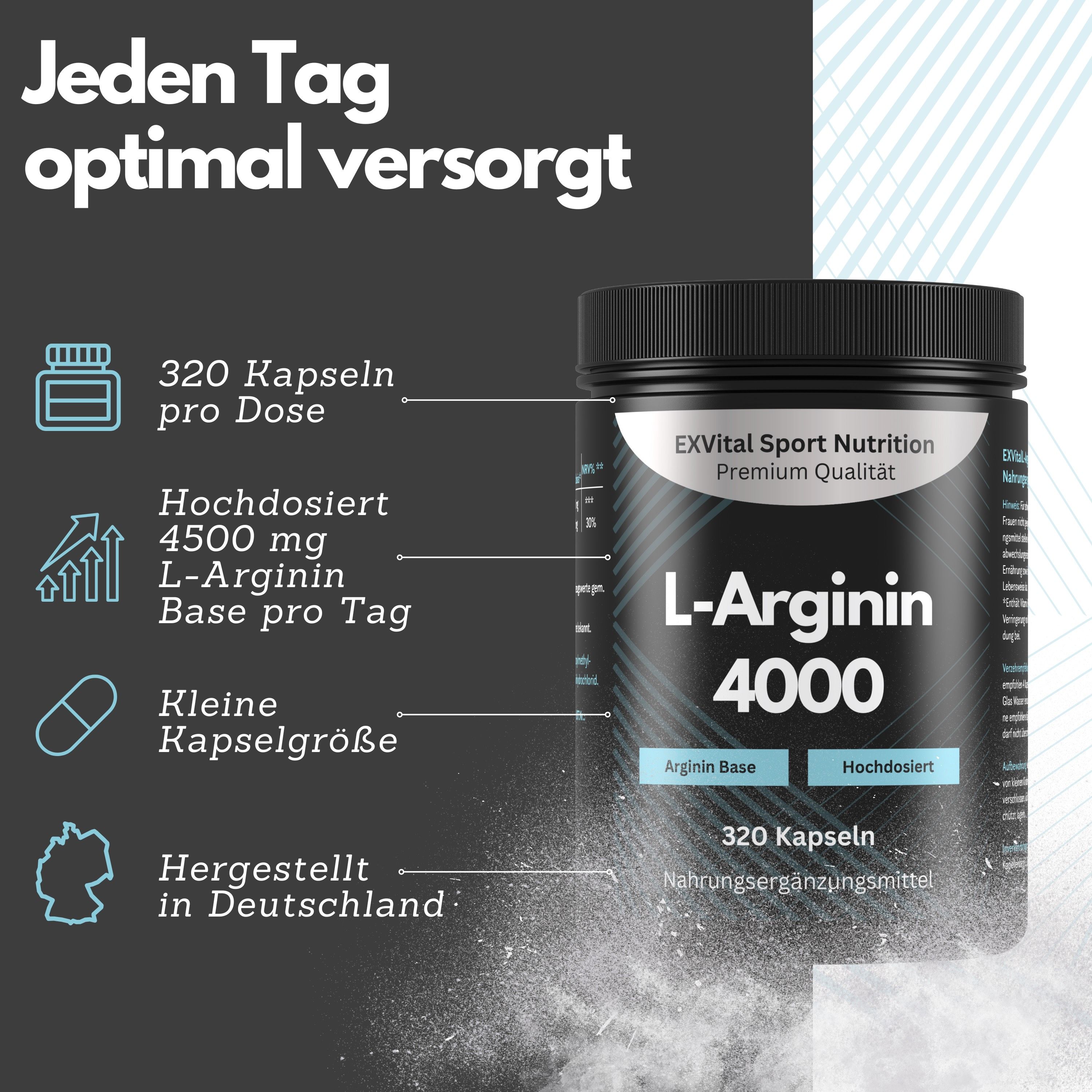 Schwarze Dose mit L-Arginin 4000. Text: 320 Kapseln, 4500 mg L-Arginin Base pro Tag. Hergestellt in Deutschland.