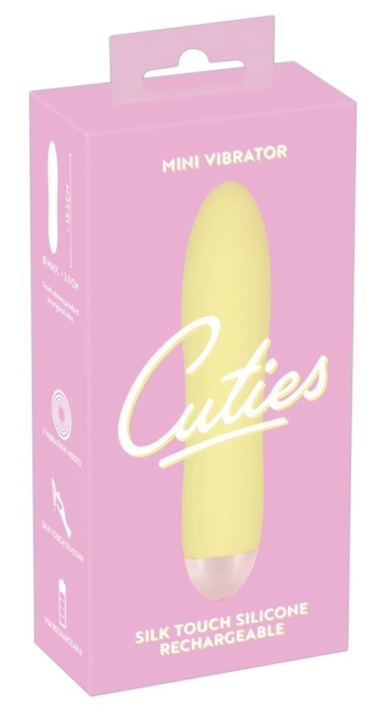 Verpackung eines gelben Mini-Vibrators mit Produktmerkmalen.
