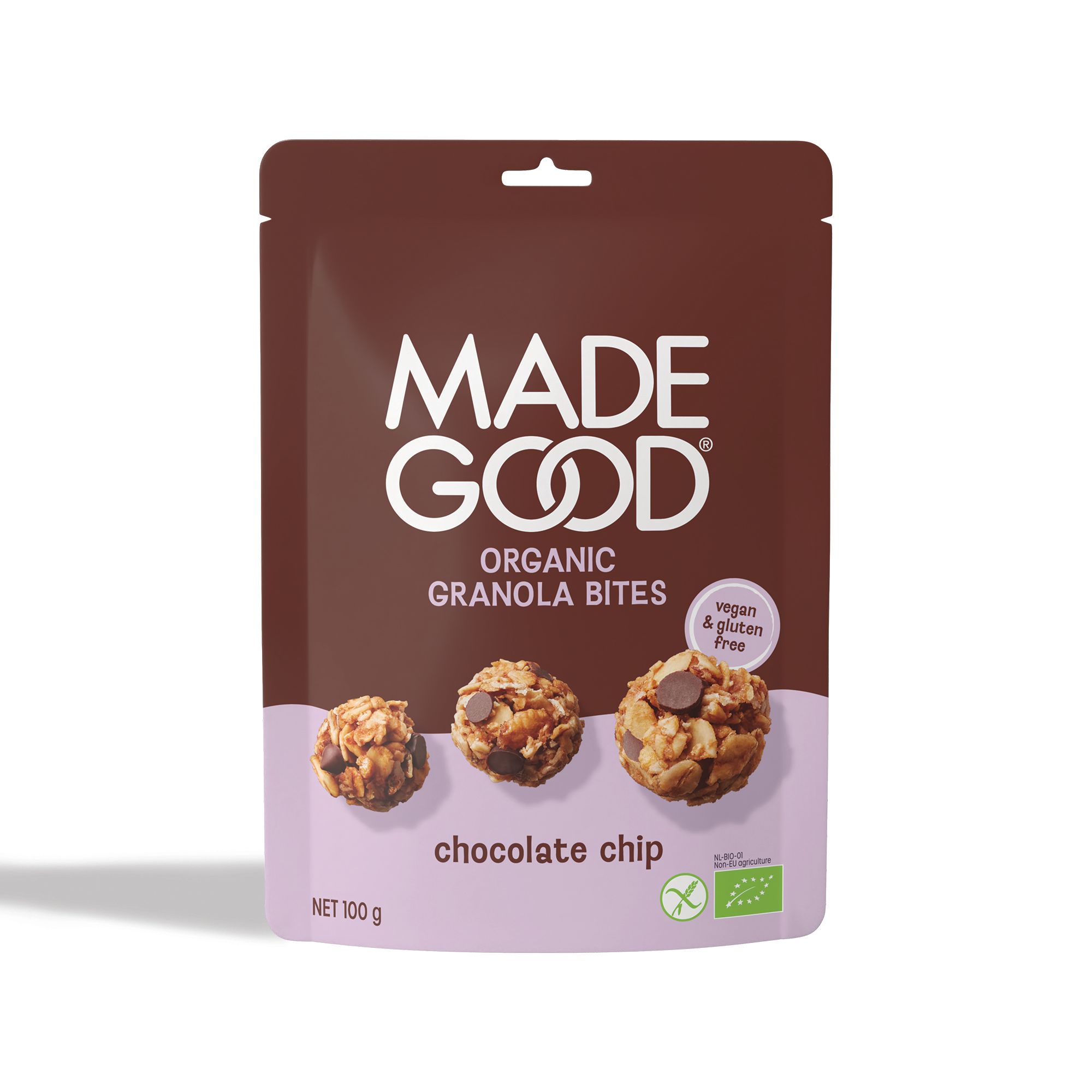 Verpackung mit Granola Bites. Aufschrift: MADE GOOD, Organic Granola Bites, chocolate chip. Vegan & glutenfrei. Netto 100 g.