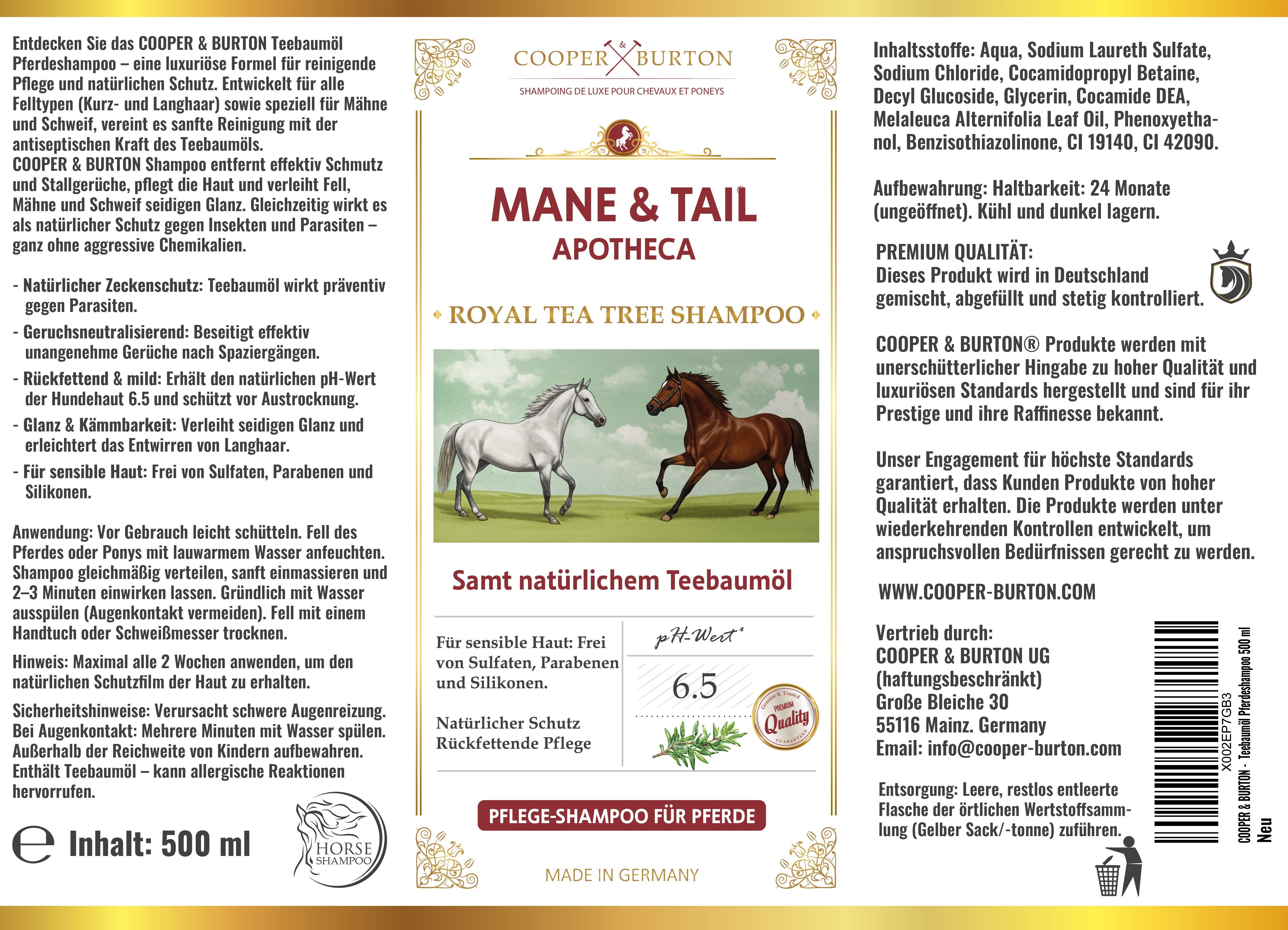 Rückseite der Flasche: COOPER & BURTON Mane & Tail Apotheca Royal Tea Tree Shampoo. Inhaltsstoffe, Anwendung, Warnhinweise. Made in Germany.