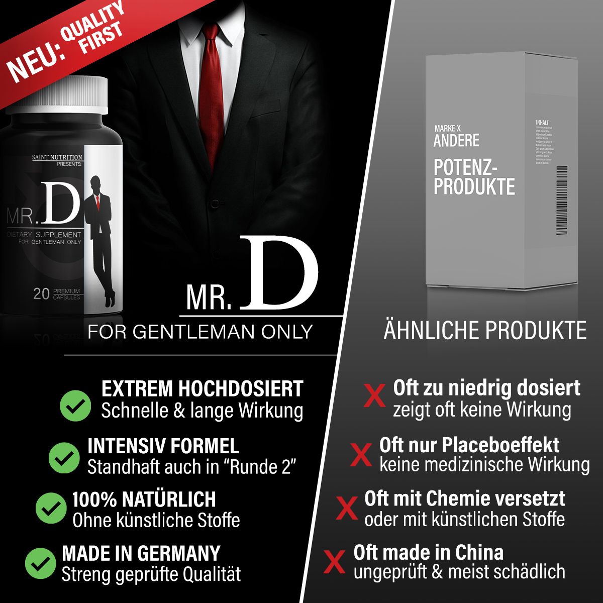 Produktflasche mit „MR. D“ und „20 Kapseln“. Vergleich mit anderen Produkten. Text: „Extrem hochdosiert“, „100% natürlich“.