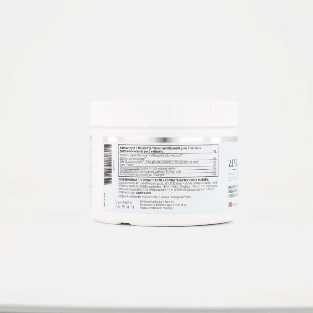 Rückansicht des weißen ZinoBiotic+ Behälters. Text mit Nährwertangaben und Herstellerinformationen.