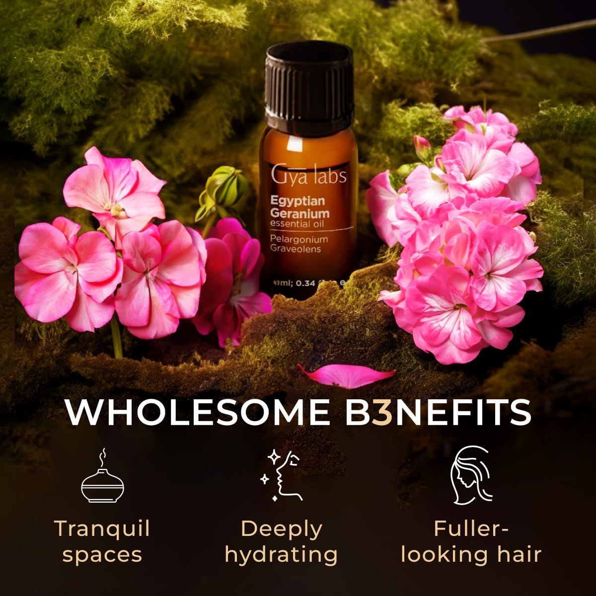 Braune Flasche mit Etikett, umgeben von rosa Blüten. Text: GESUNDE VORTEILE. Symbole: ruhige Räume, feuchtigkeitsspendend, volleres Haar.