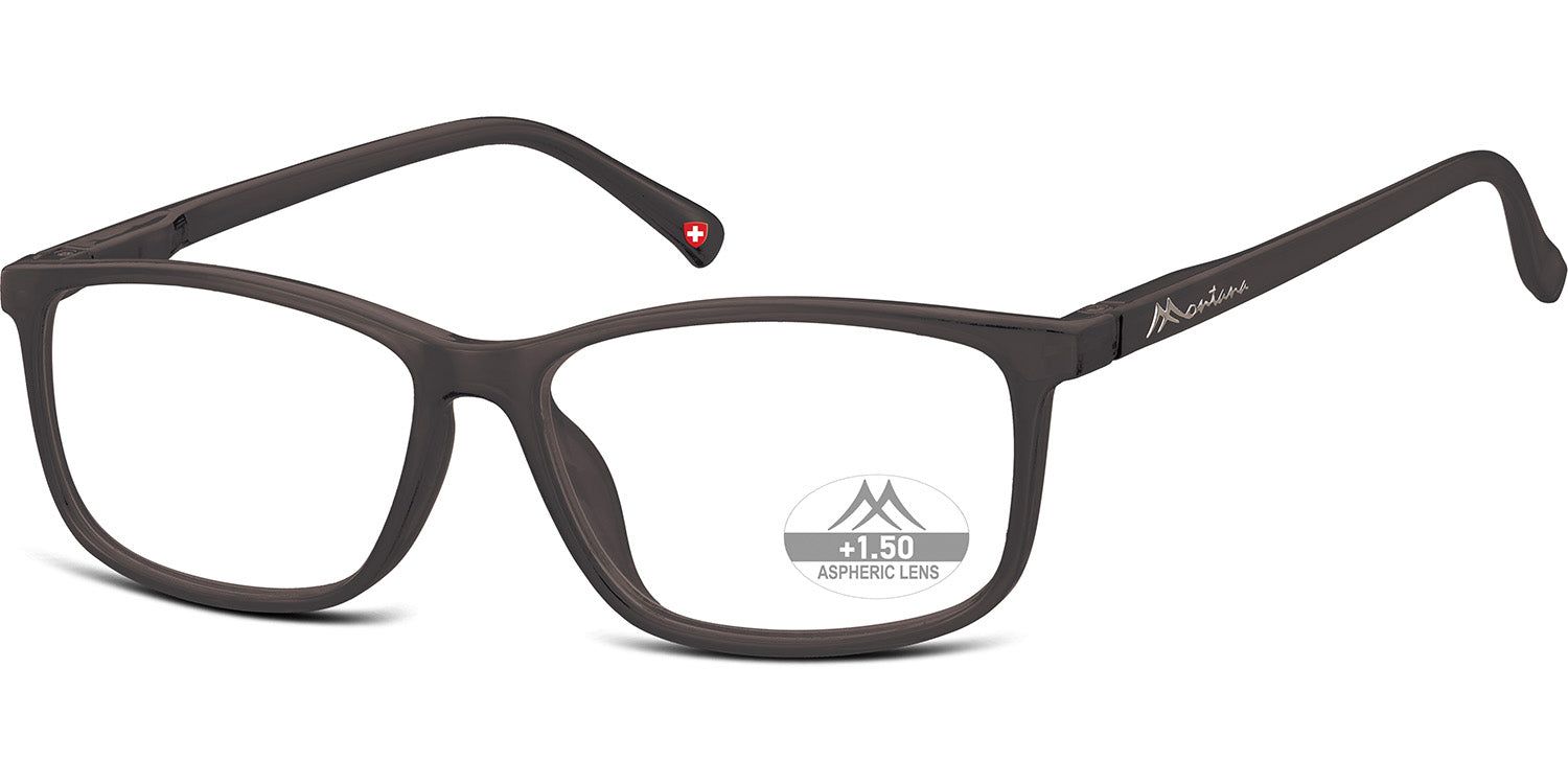 Brille mit rechteckigem Rahmen, braun. Auf dem Glas: "1.50 Aspheric Lens". Am Bügel: "Montana".