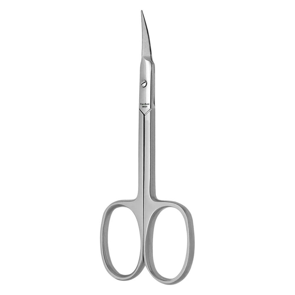 Hautschere, silberfarben, gebogen, mit abgerundeten Griffen. Edelstahl. Kleiner Schriftzug auf dem Scherenblatt.