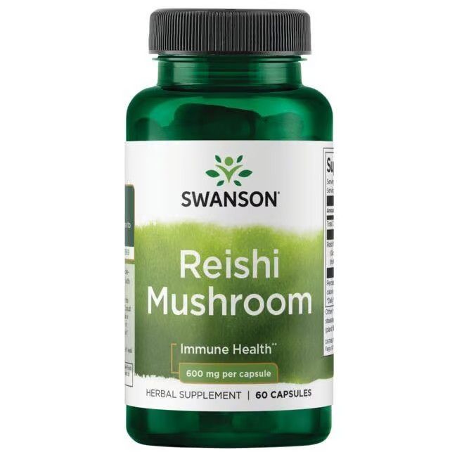 Grüne Flasche mit schwarzem Deckel. Etikett mit "SWANSON", "Reishi Mushroom", "600 mg pro Kapsel" und "60 Kapseln".