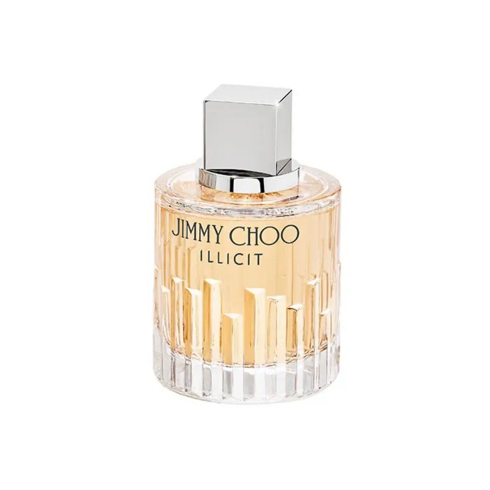 Runder Parfümflakon mit silbernem Deckel. Aufschrift: JIMMY CHOO ILLICIT. Klarer Glasflakon mit vertikalen Linien.