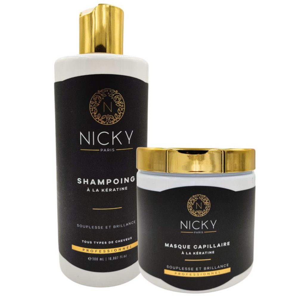 Zwei Kosmetikprodukte: Shampoo und Keratinmaske. Schwarze Etiketten mit goldfarbenen Deckeln. Aufschrift: Nicky Paris, Shampoo, Keratin.