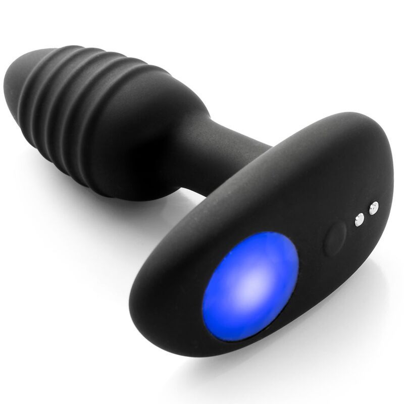 Schwarzer Vibrationsplug mit gerippter Spitze und ovalem Griff mit leuchtend blauem Knopf.
