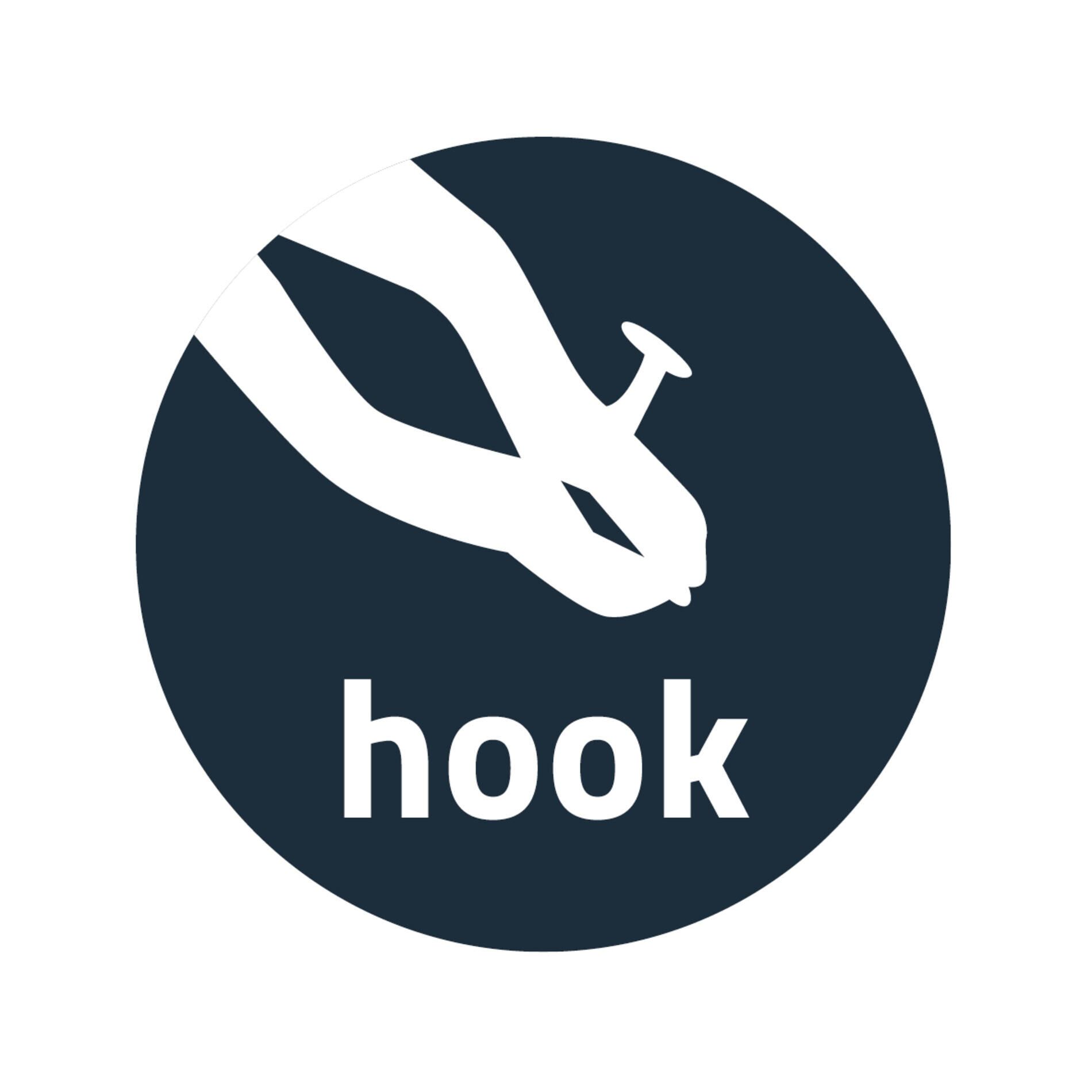 Symbol, Greifhilfe mit Haken, Schriftzug hook, weiß auf blauem Kreis.