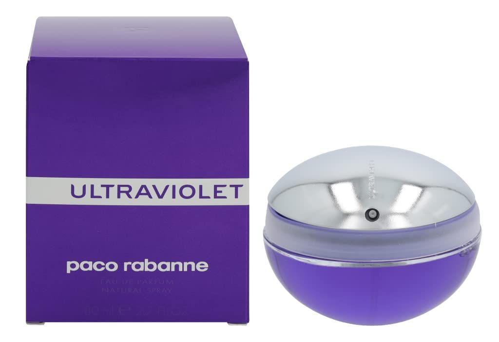 Lila Flakon und Schachtel. Aufschrift: ULTRAVIOLET, paco rabanne. Flakon mit silberner Kappe.
