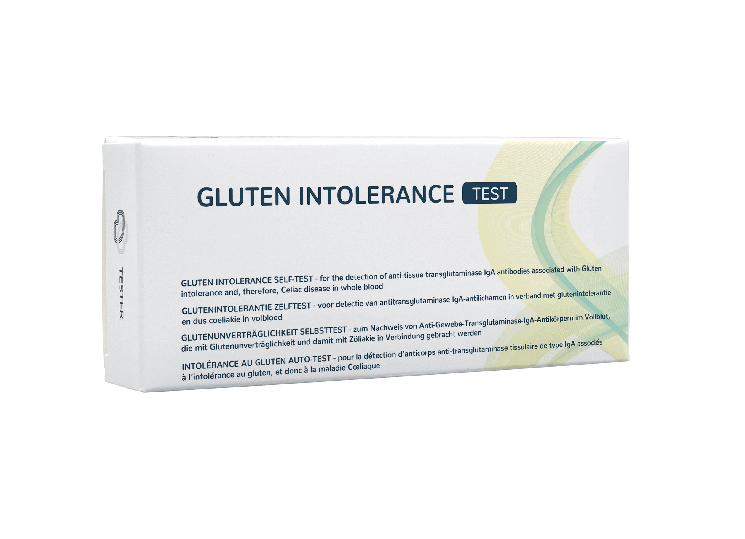 Verpackung eines Gluten-Unverträglichkeitstests mit mehrsprachigen Informationen.